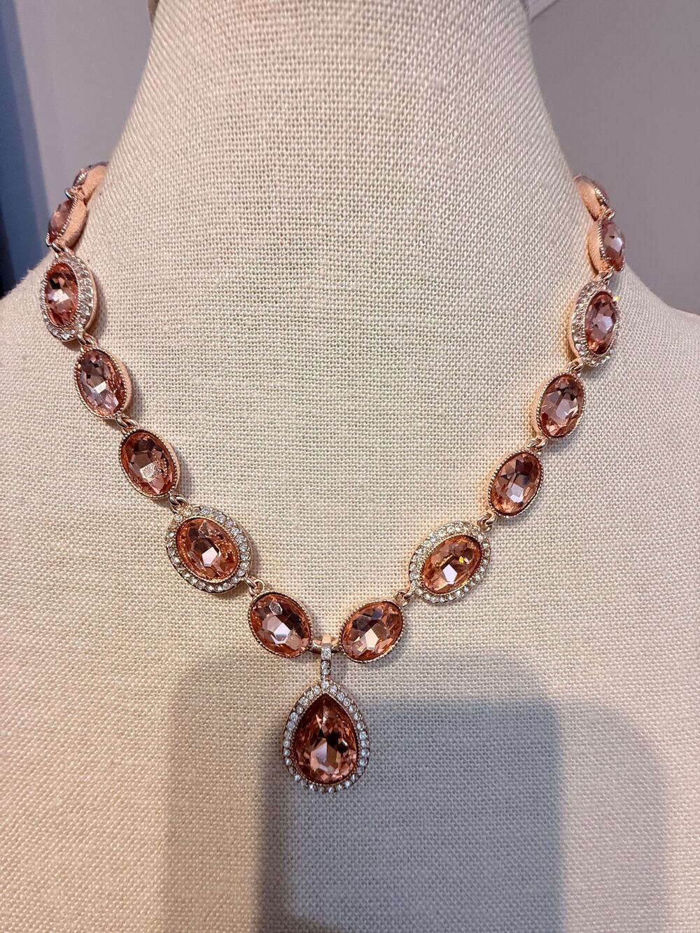 Monet Peach Rhinestone Teardrop Necklace 18”
